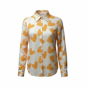 Women's White Orange Heart Print Button-Up Valentine  Career Work  Top XL NWOT